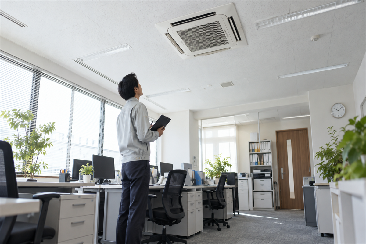 店舗の天井カセット形業務用エアコンと空調状態を見守る管理者