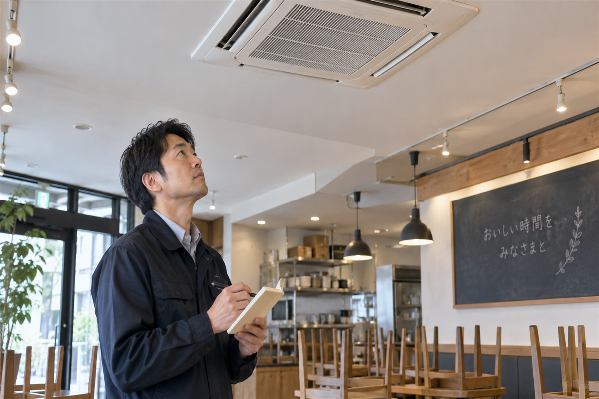 業務用エアコンの異音と水滴の有無を床から確認する店舗管理者