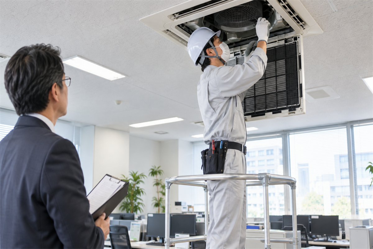 業務用エアコン内部を点検する専門技術者