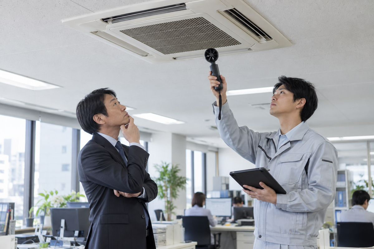 業務用エアコンの風量を測定する空調設備の点検担当者
