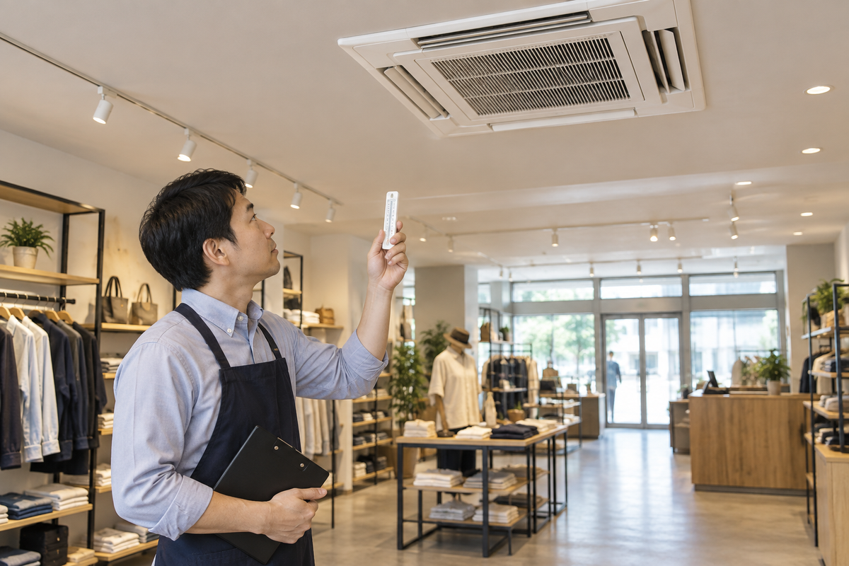 店舗で業務用エアコンの吹き出しと室温を確認する担当者