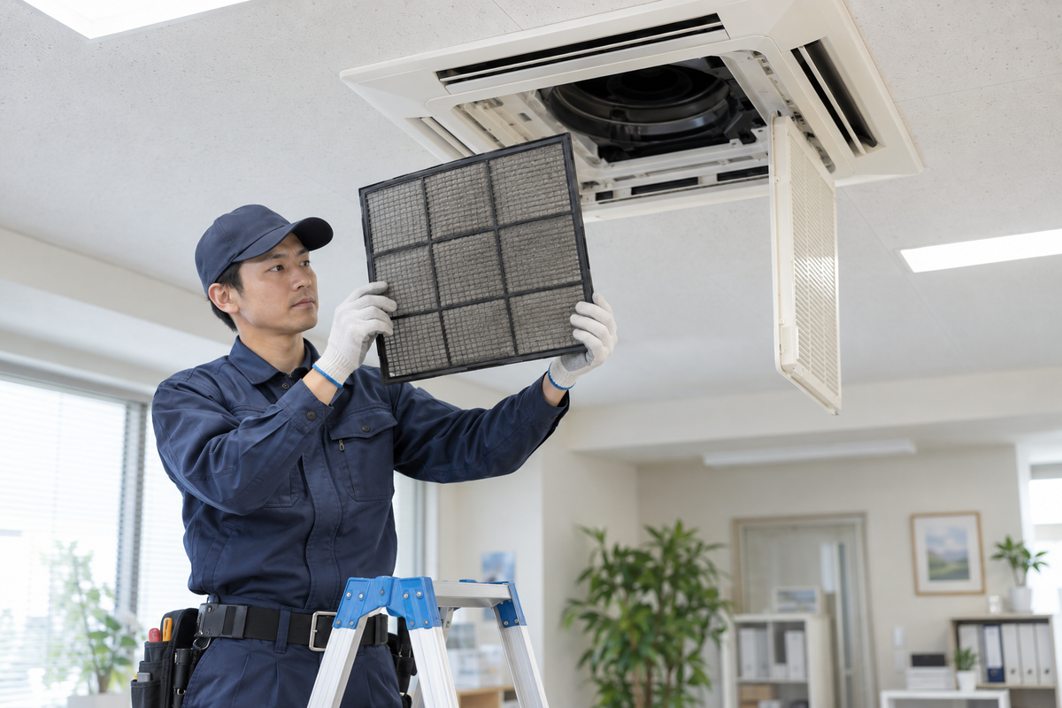 業務用エアコンのフィルターに付着したほこりを確認する点検担当者