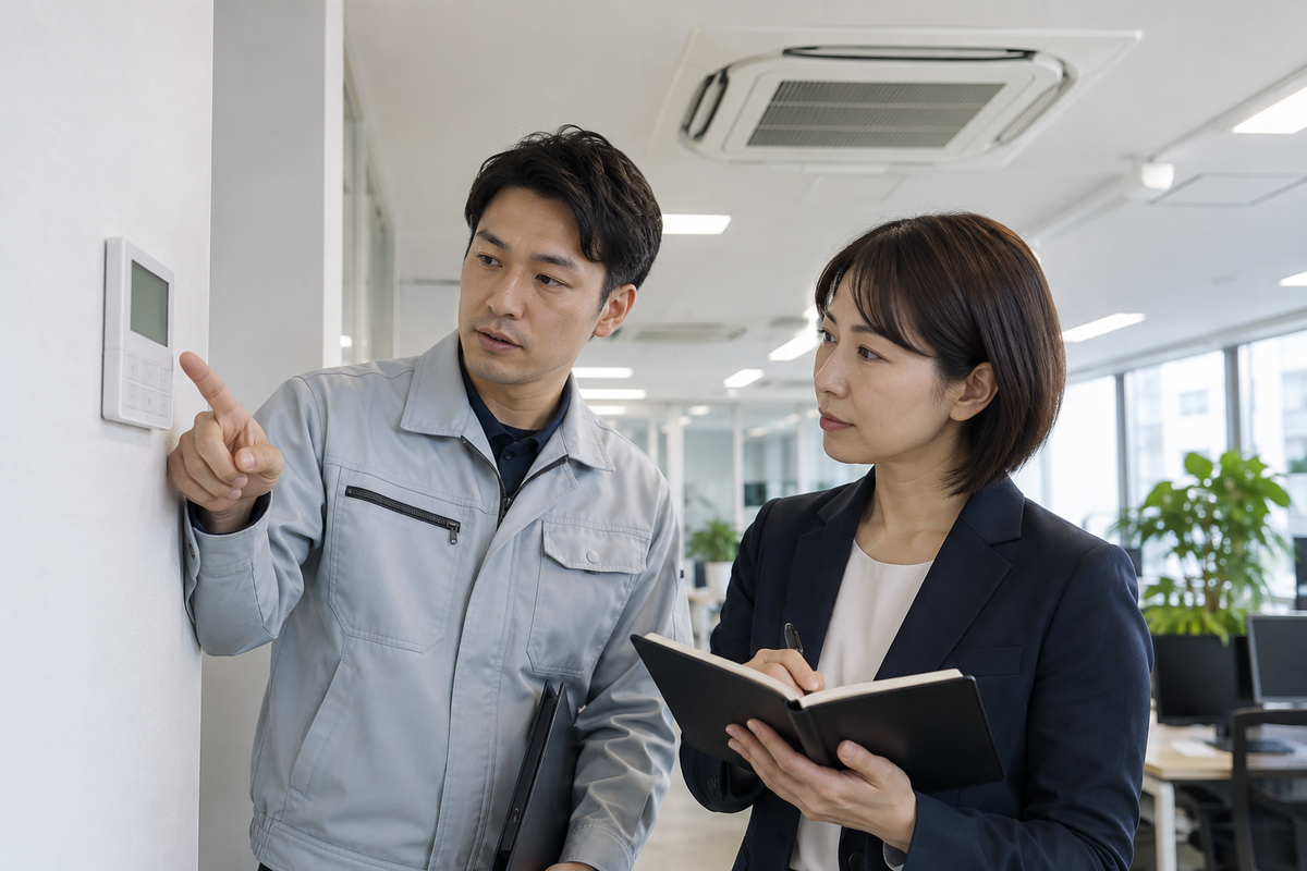 業務用エアコンのリモコン表示と点検記録を確認する施設担当者と技術者