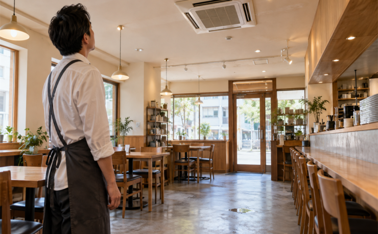 店舗の天井埋込形業務用エアコンを離れた場所から確認する管理者