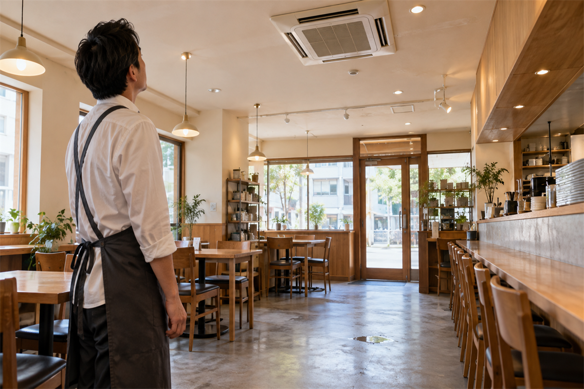 店舗の天井埋込形業務用エアコンを離れた場所から確認する管理者