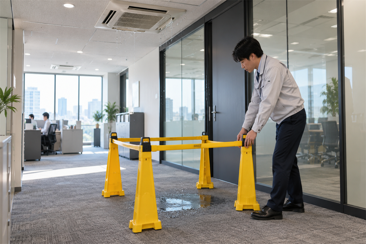 水滴のある床周辺への立ち入りを抑えるオフィス担当者