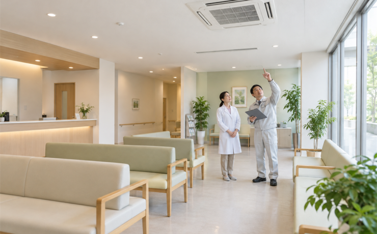 クリニックの待合室で業務用エアコンの交換箇所を確認する担当者