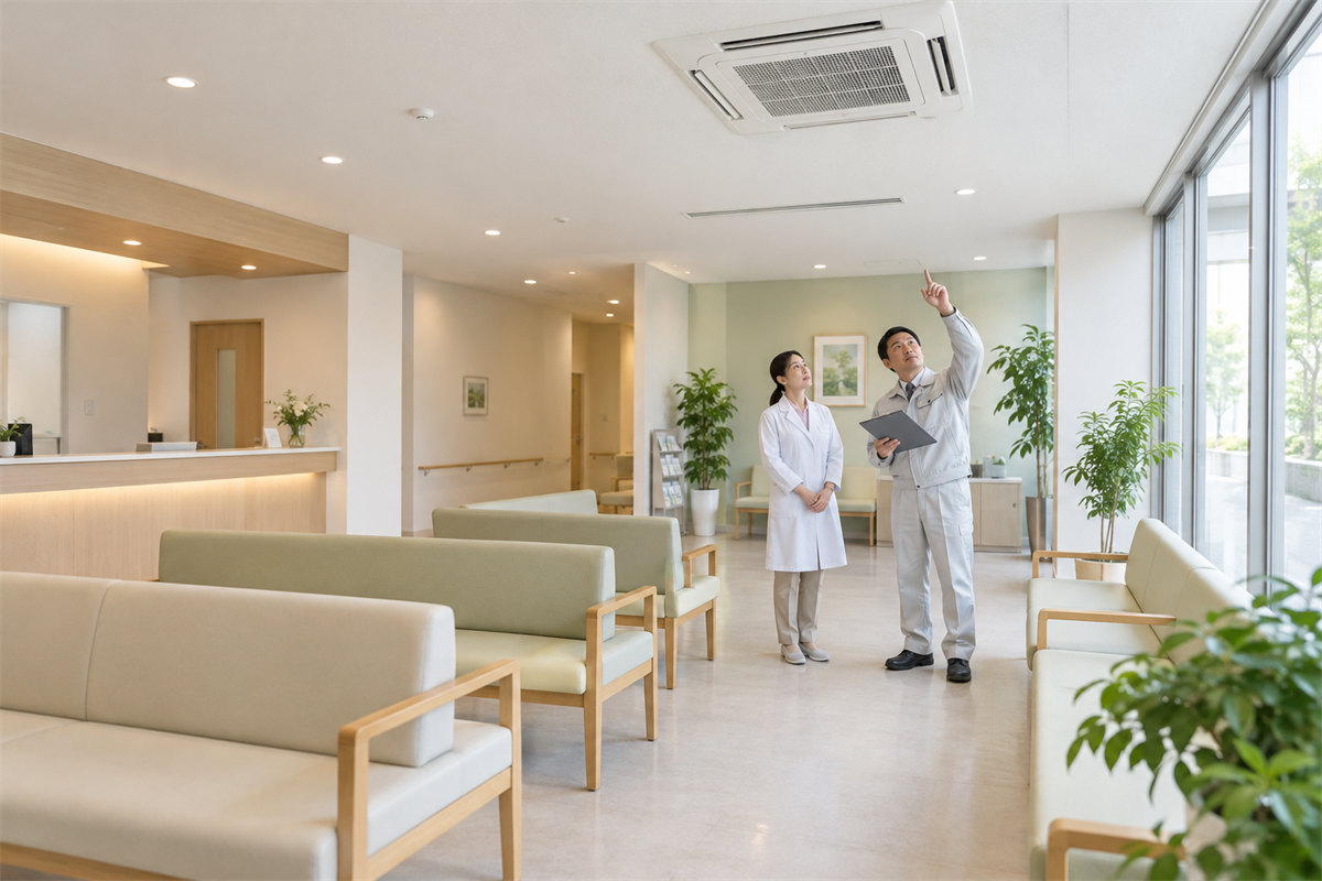 クリニックの待合室で業務用エアコンの交換箇所を確認する担当者
