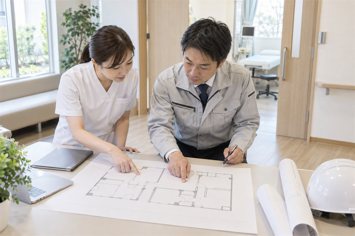 クリニックの図面を使って診療区画と空調位置を確認する様子