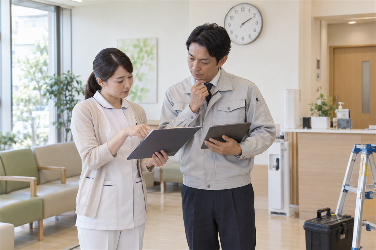 休診時間と騒音を伴う作業時間について打ち合わせる様子