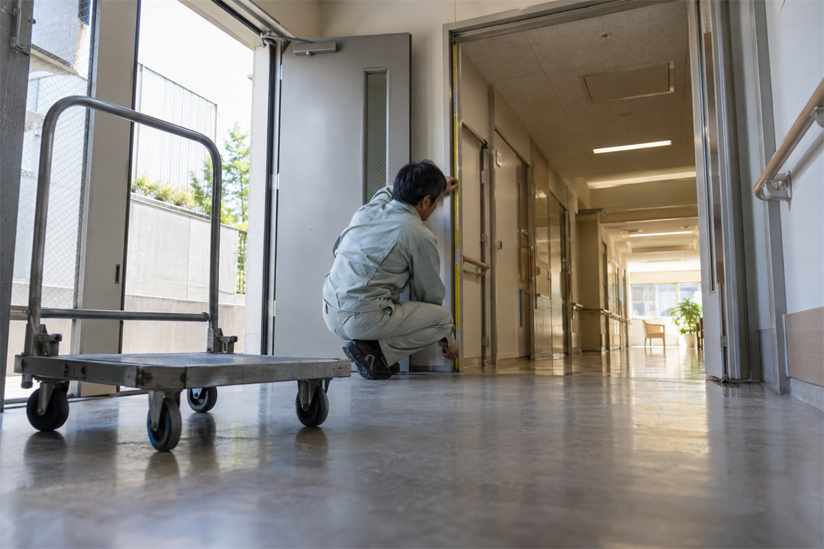 クリニックの通用口で業務用エアコンの搬入経路を調査する様子