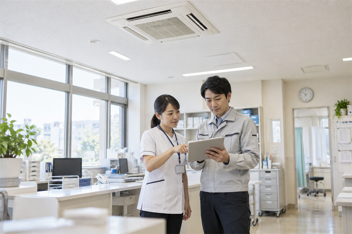 現地調査後に業務用エアコン交換の確認事項を共有する担当者