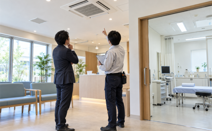 クリニックで業務用エアコン交換の現地調査をする施設担当者と技術者