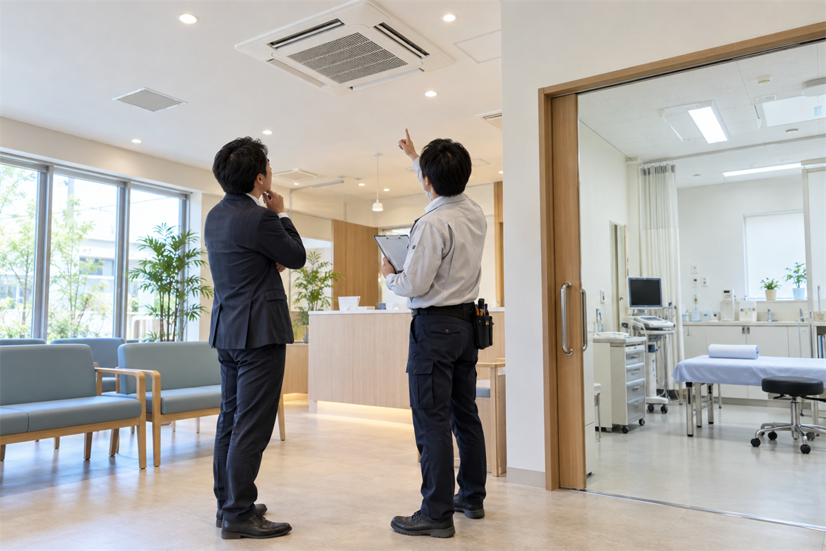 クリニックで業務用エアコン交換の現地調査をする施設担当者と技術者