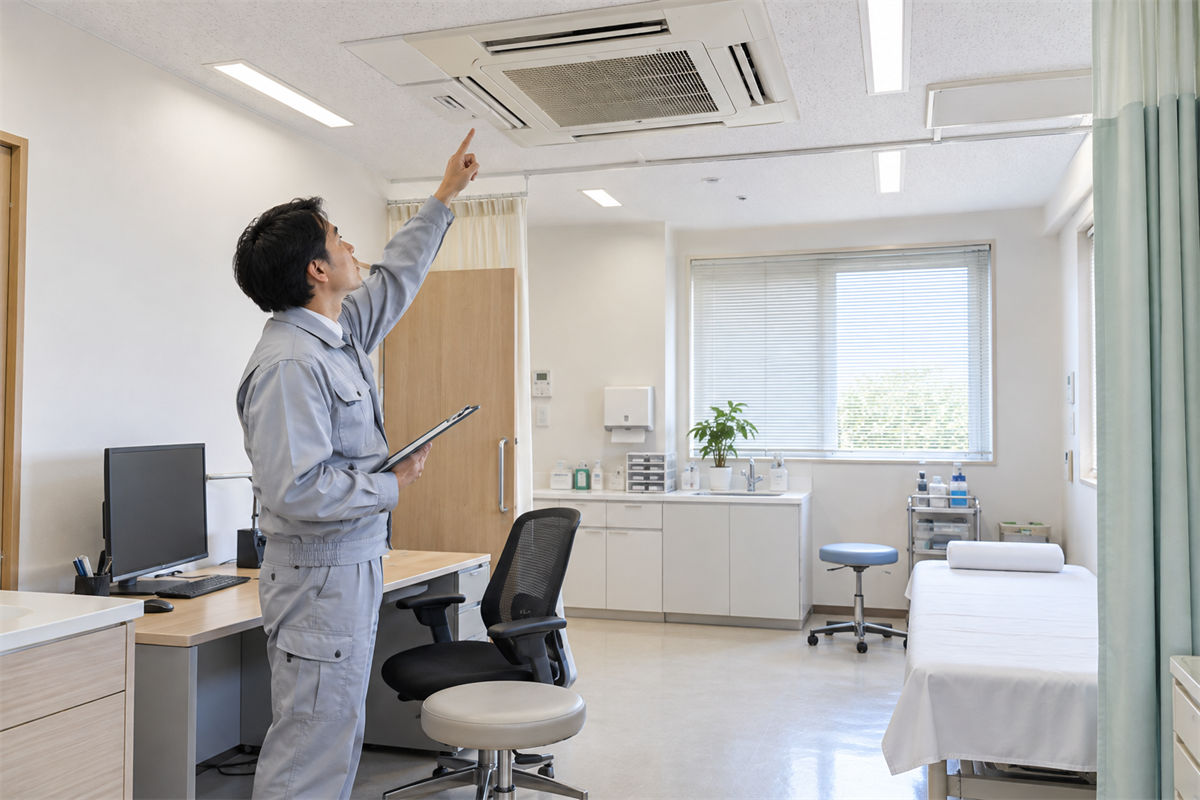 診察室の業務用エアコンと診察位置の関係を確認する技術者