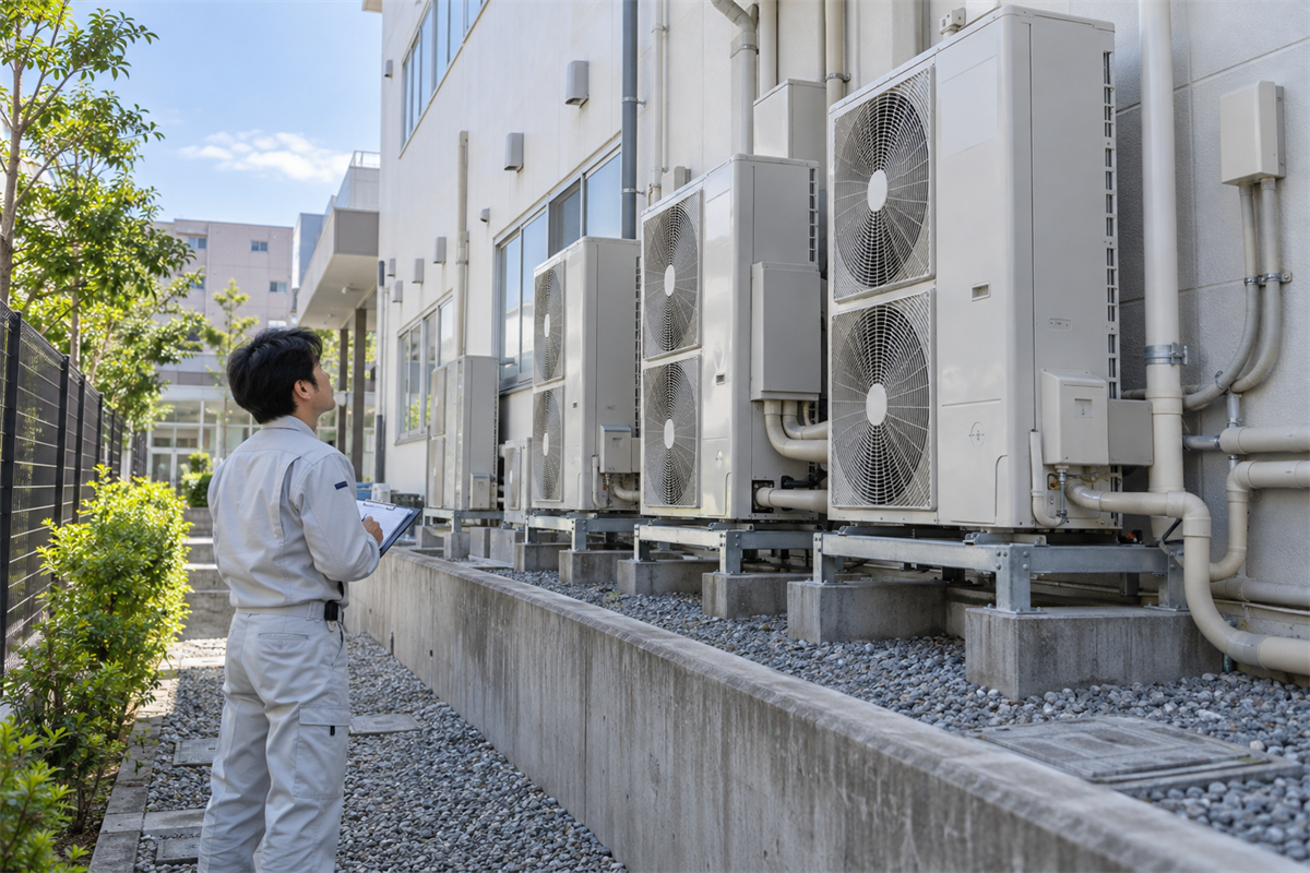 クリニック建物裏手に設置された業務用エアコン室外機