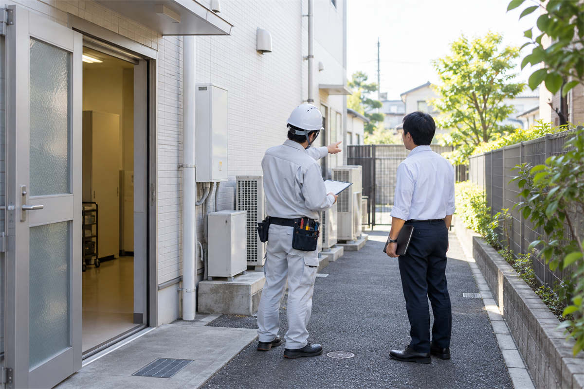 休診日の空調工事に向けてクリニックの搬入経路を確認する様子