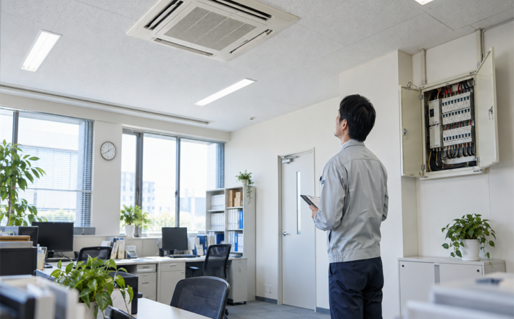 業務用エアコンと分電盤を離れて確認する事務所担当者
