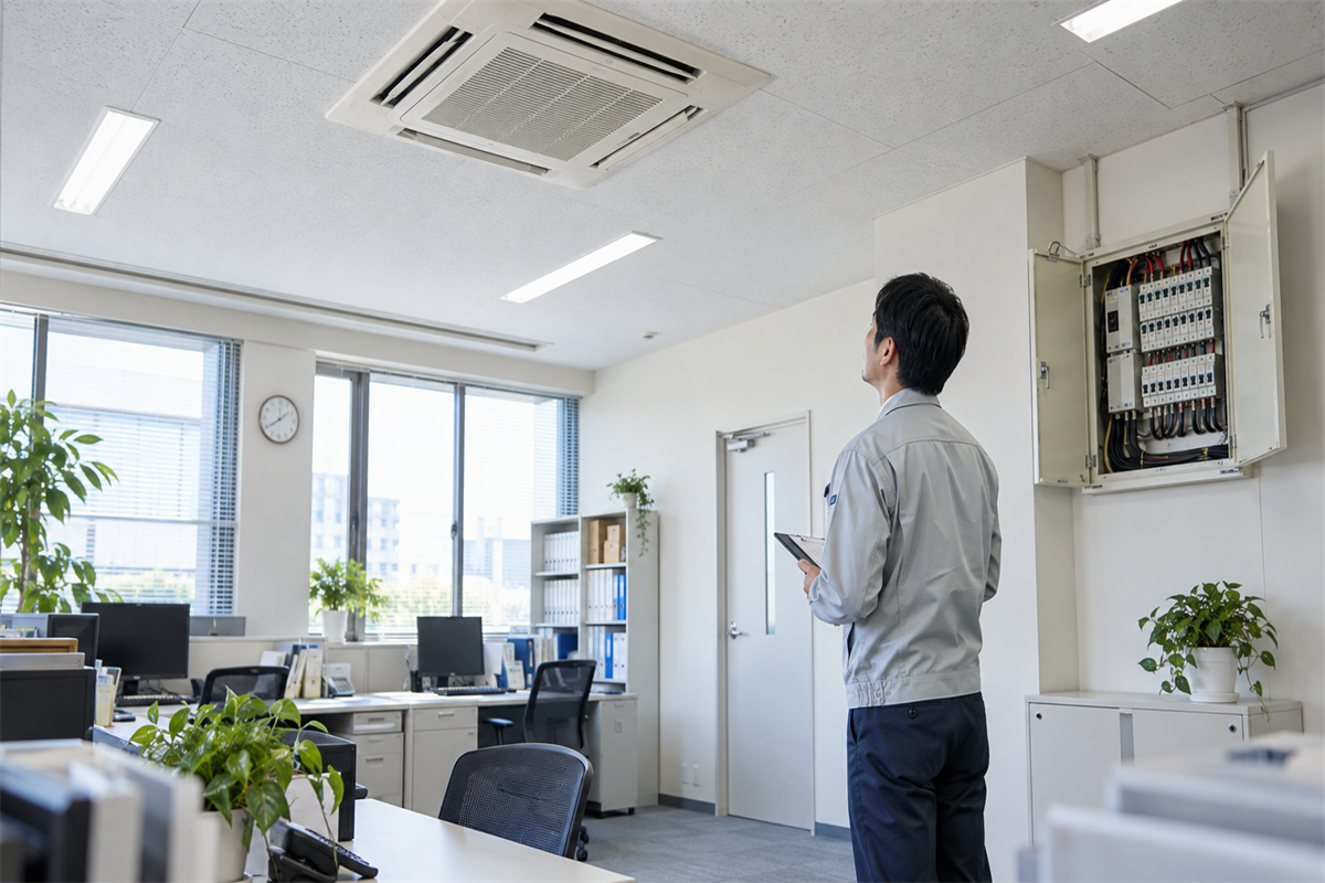 業務用エアコンと分電盤を離れて確認する事務所担当者