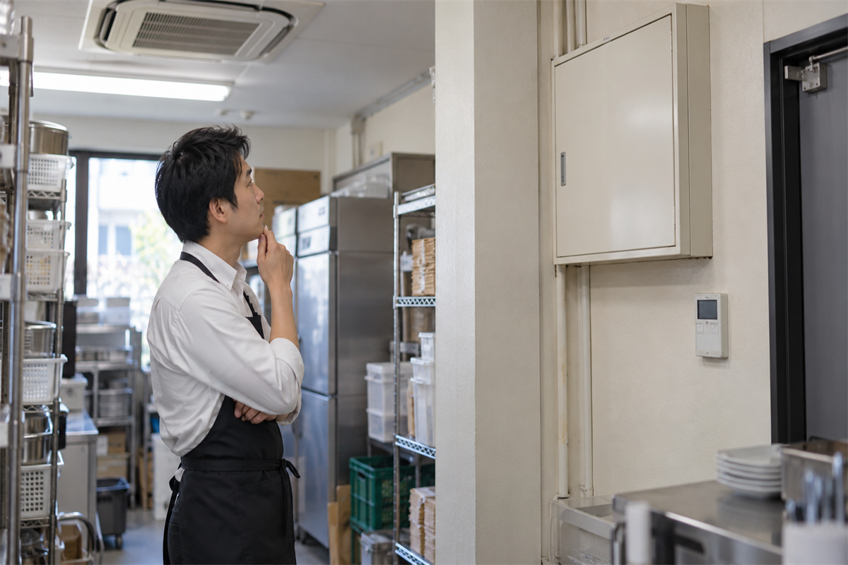 ブレーカーが落ちた後に分電盤へ触れず安全を確認する担当者