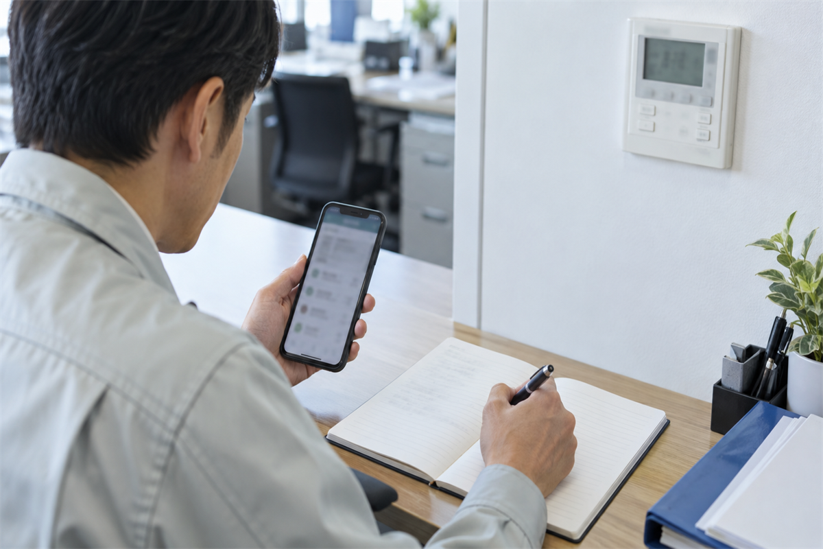 発生時刻や運転状況をメモしリモコン表示を撮影する様子