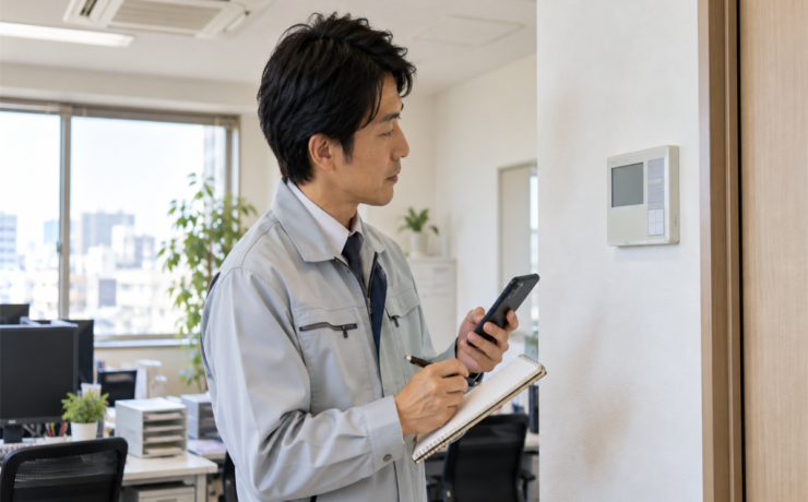 業務用エアコンのエラー表示を確認し、点検相談の準備をするオフィス担当者