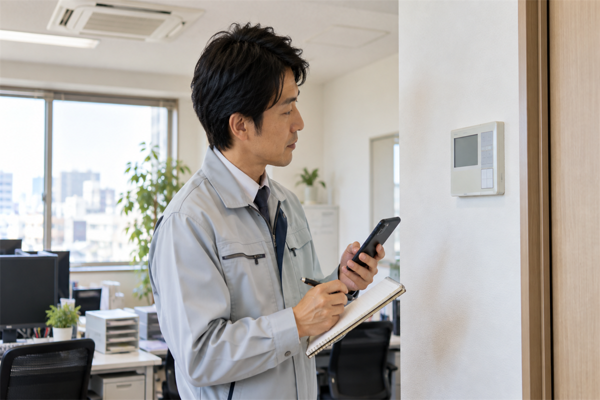 業務用エアコンのエラー表示を確認し、点検相談の準備をするオフィス担当者