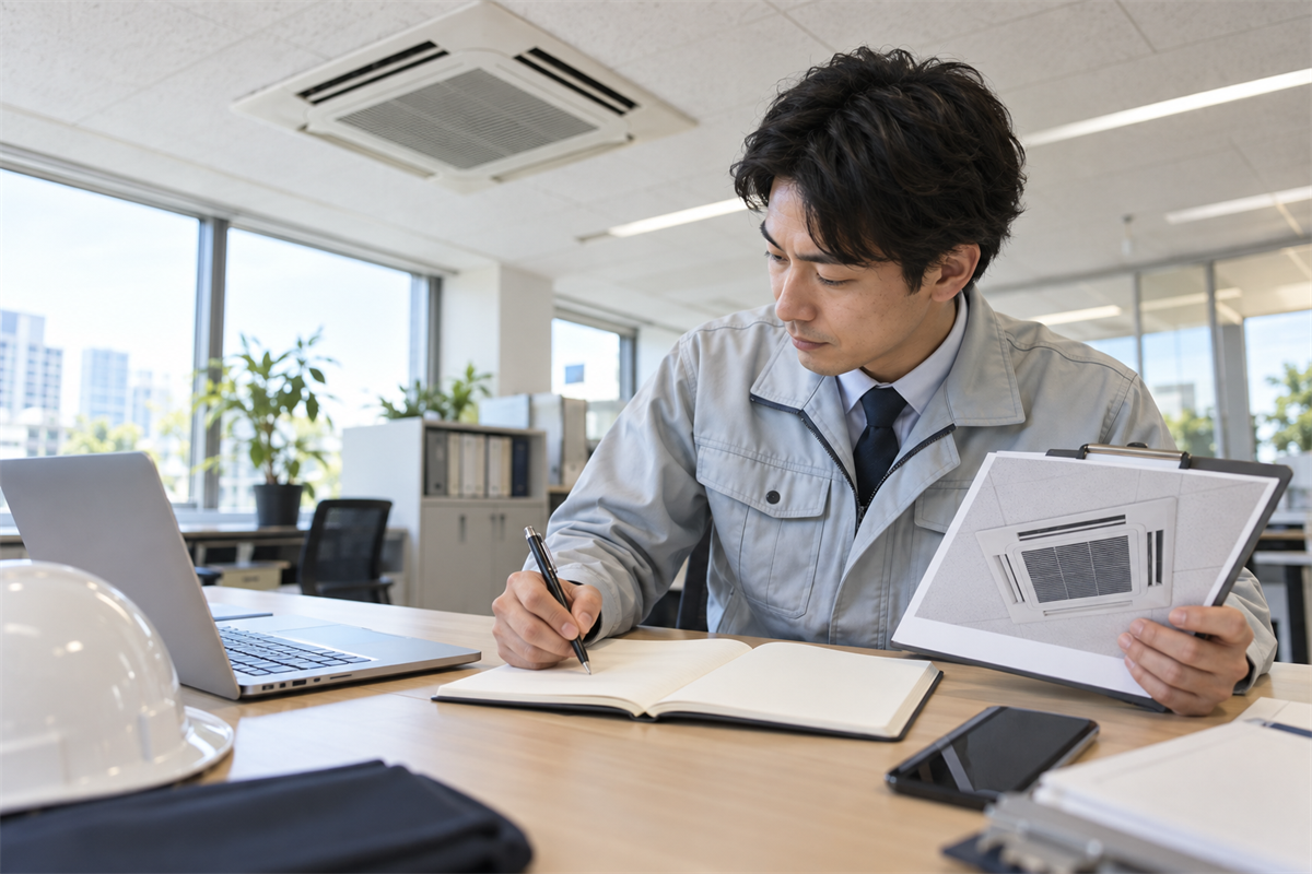業務用エアコンの機種とエラー発生時刻を整理する施設担当者
