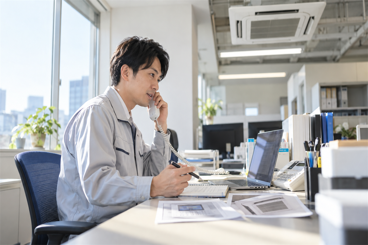 エラーコードと運転状況のメモを見ながら点検を相談する担当者