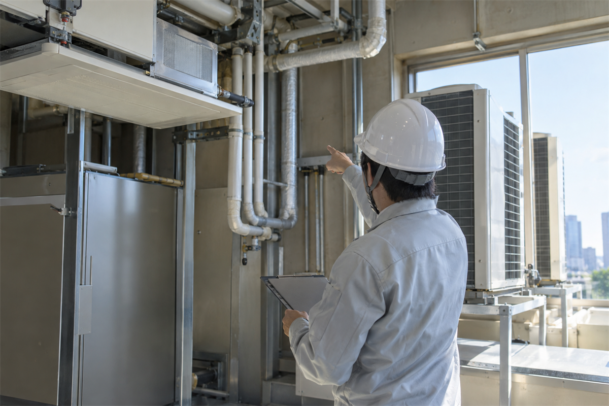 業務用エアコンの冷媒配管系統を機械室で確認する技術者