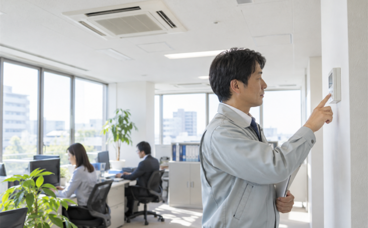 オフィスで業務用エアコンのフィルターサインを確認する施設担当者