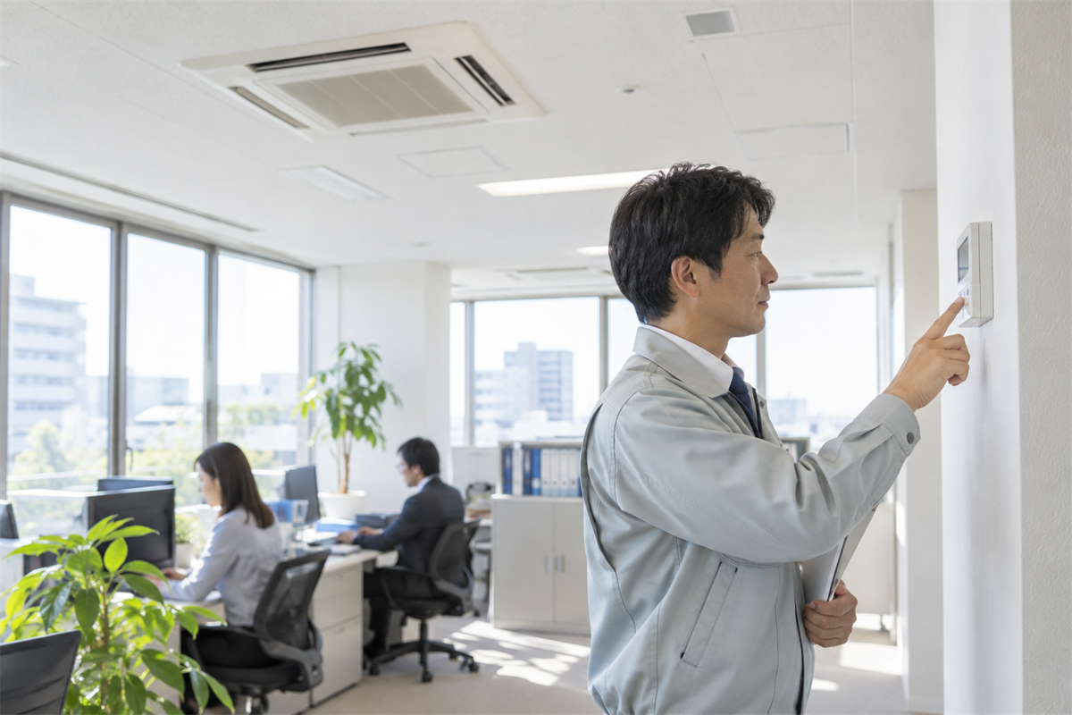 オフィスで業務用エアコンのフィルターサインを確認する施設担当者