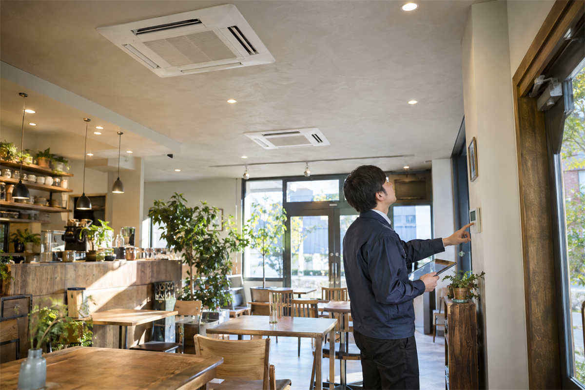 店舗内のリモコンと複数の業務用エアコン室内機を対応させる様子