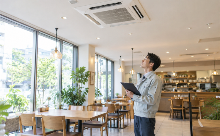 業務用エアコンを確認する店舗の施設管理担当者