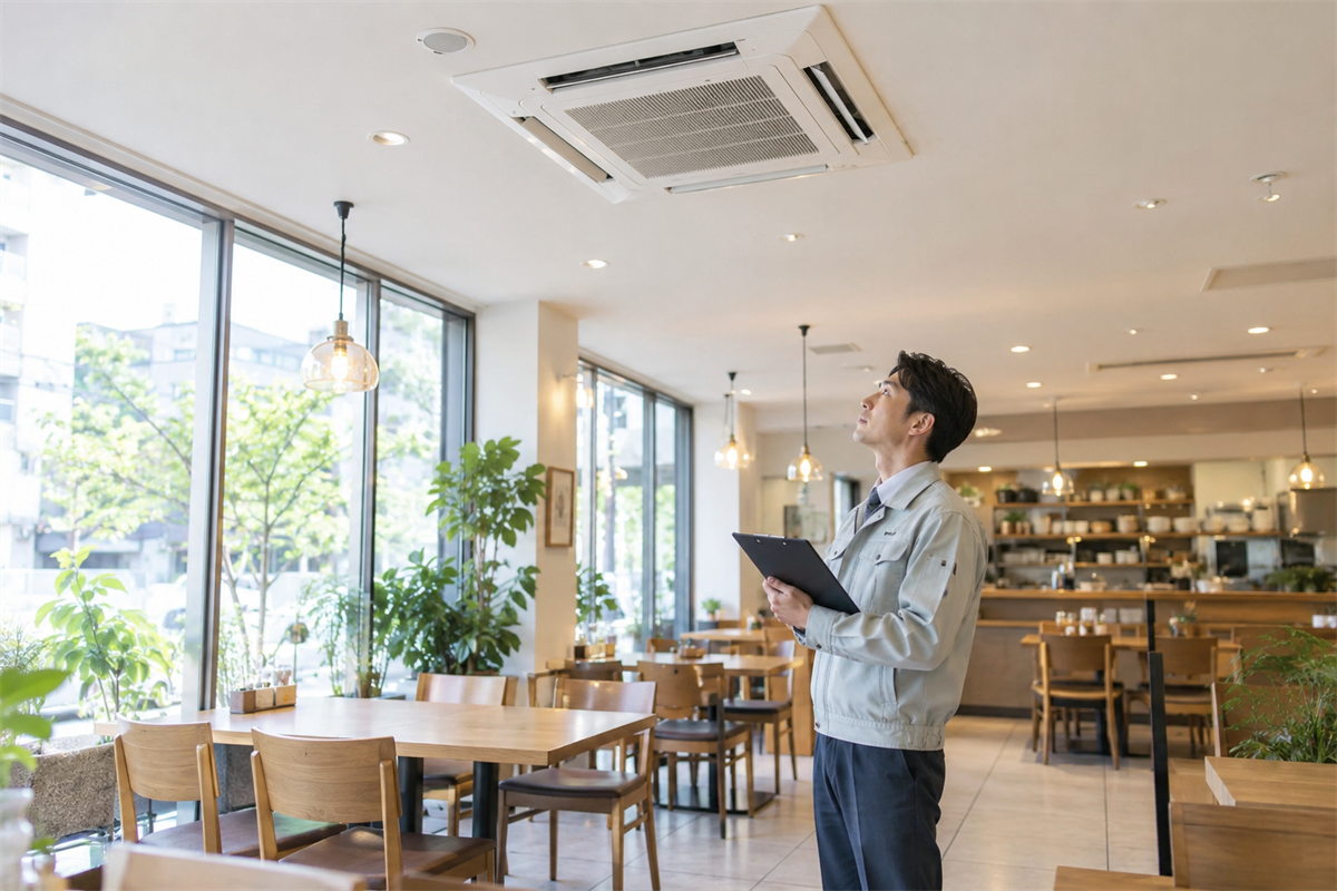 業務用エアコンを確認する店舗の施設管理担当者