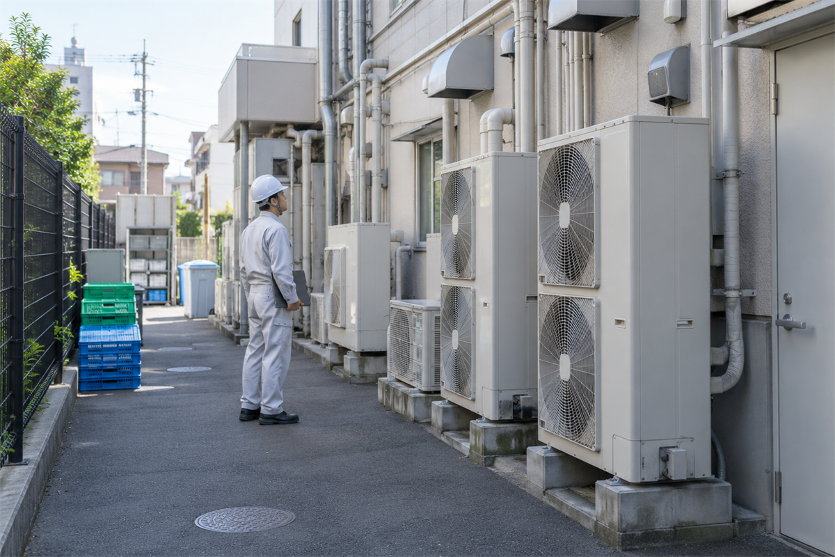業務用エアコン室外機の外観を目視する施設担当者