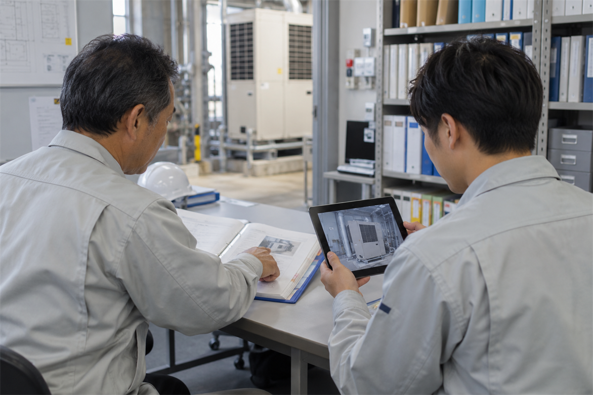 機器一覧と修理履歴を引き継ぐ施設管理担当者