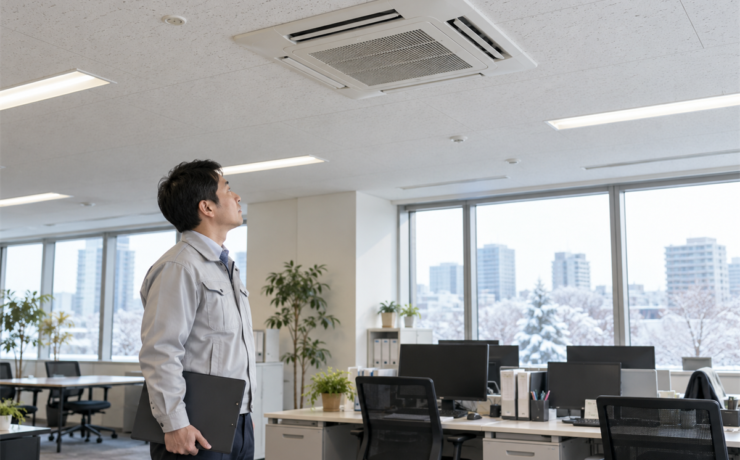 冬のオフィスで天井埋込形の業務用エアコンを確認する施設担当者