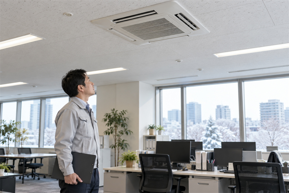 冬のオフィスで天井埋込形の業務用エアコンを確認する施設担当者