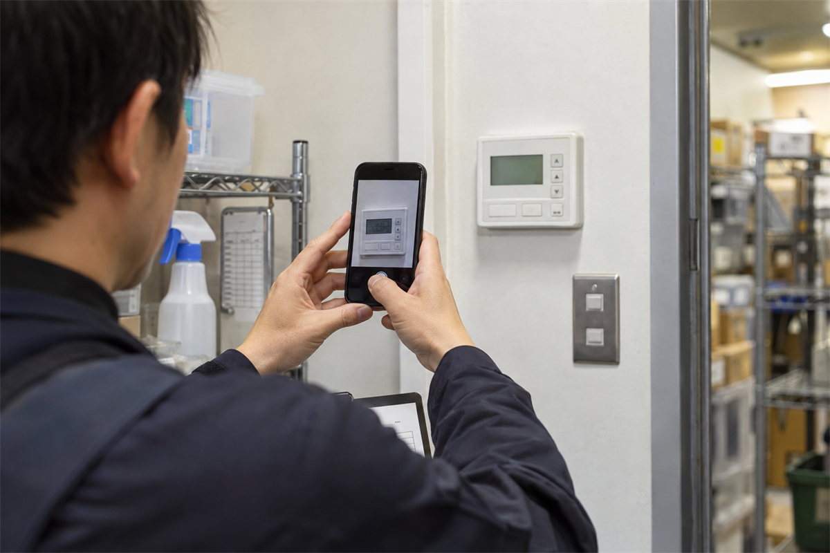 暖房停止時の業務用エアコンのリモコン表示を撮影する施設担当者