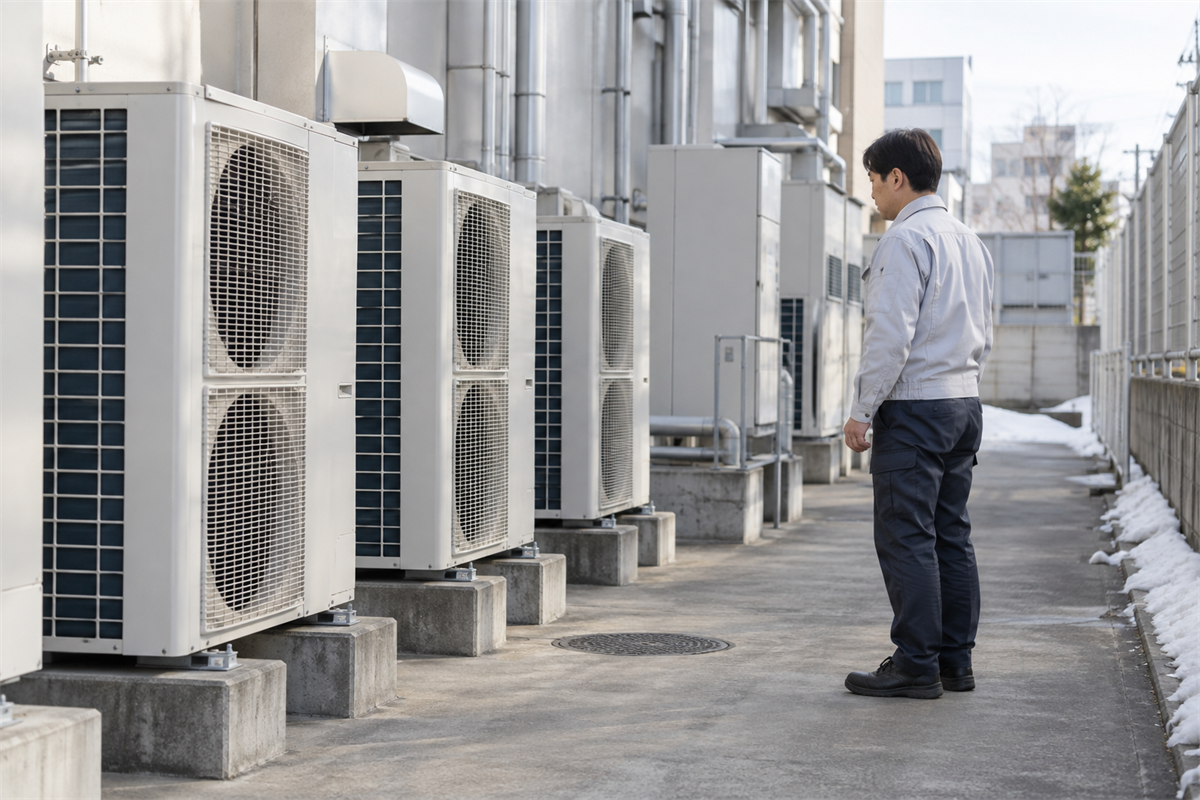業務用エアコンの室外機周辺を安全な距離から確認する施設担当者