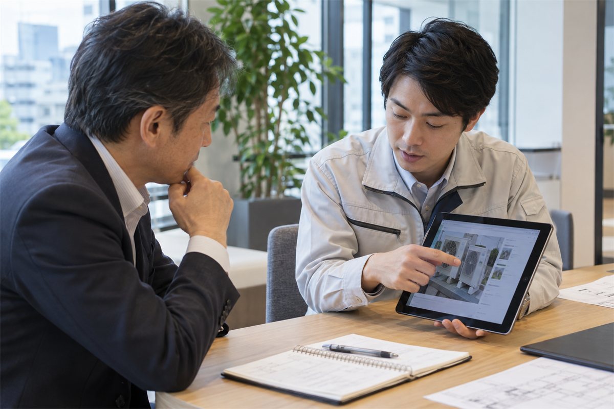 暖房停止時の写真と記録を空調技術者へ共有する施設担当者