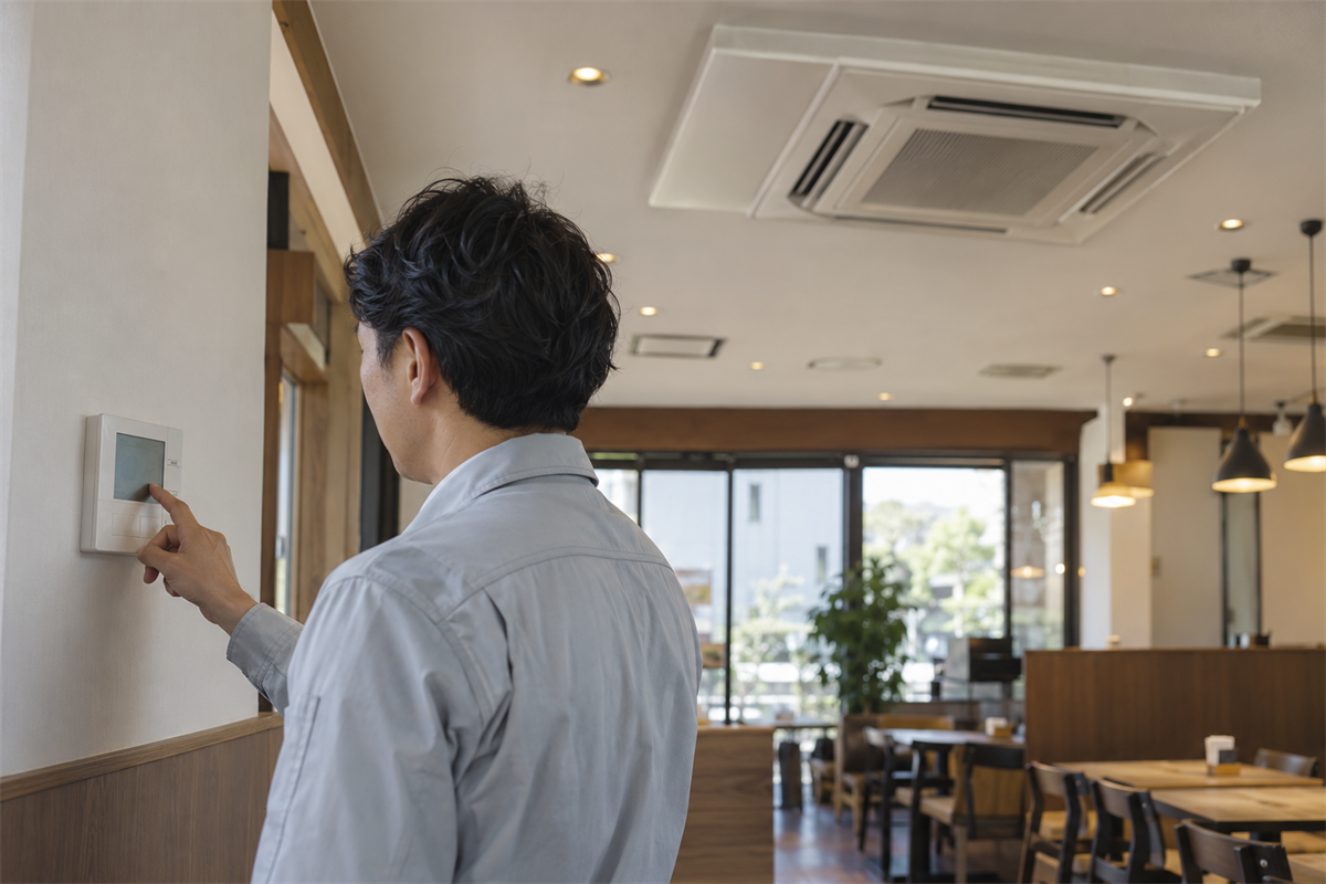 業務用エアコンのリモコンを操作して暖房試運転を始める様子