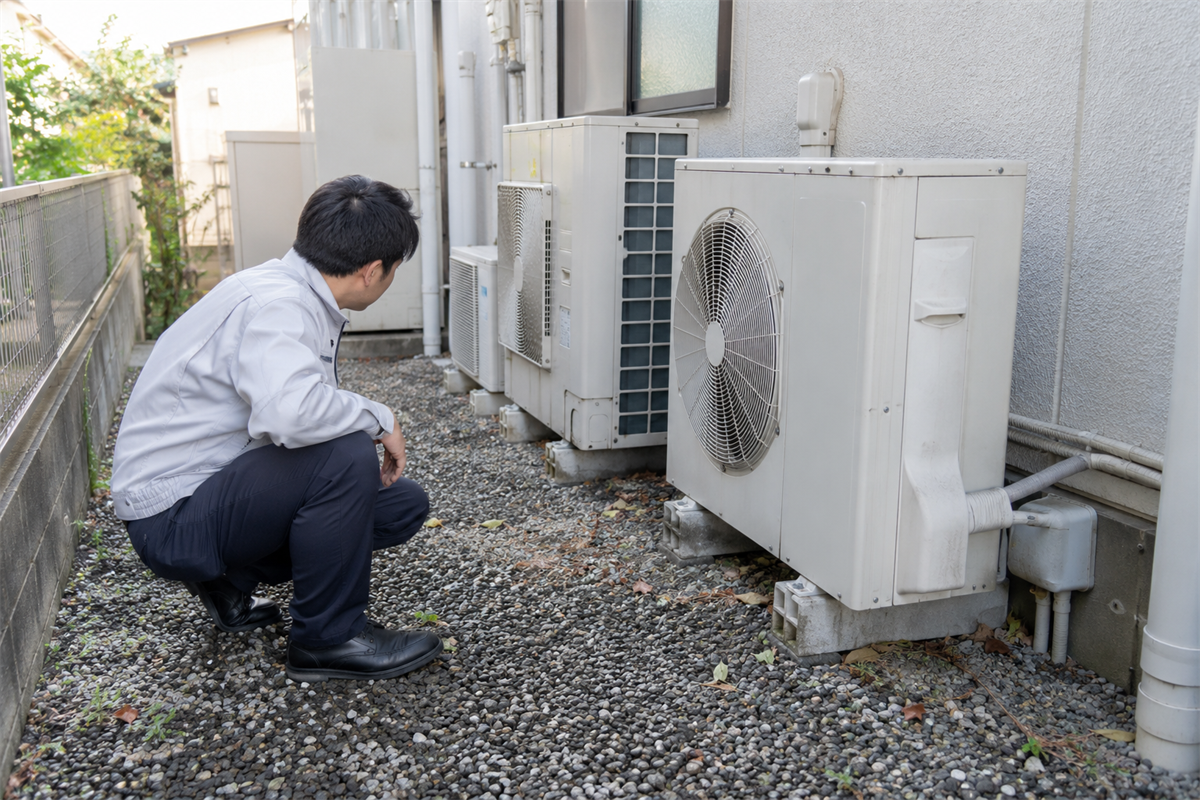 業務用エアコンの室外機周辺を目視確認する施設担当者