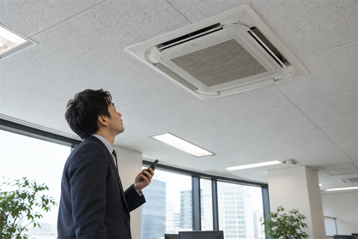 暖房試運転中に天井カセット形エアコンの温風や音を確認する管理者