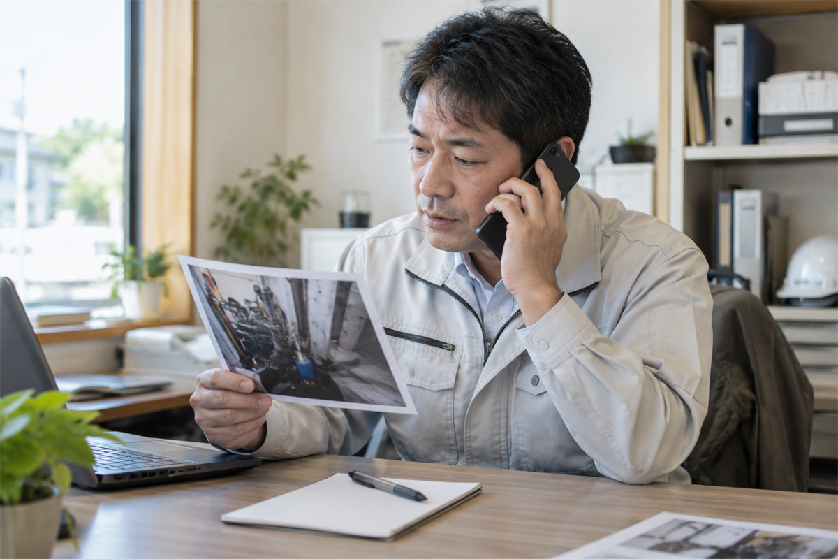 暖房試運転の記録を手元に点検相談をする店舗管理者