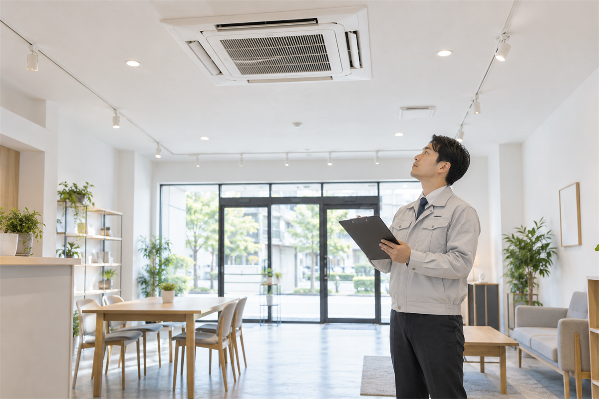 業務用エアコンの風量低下を確認する店舗責任者