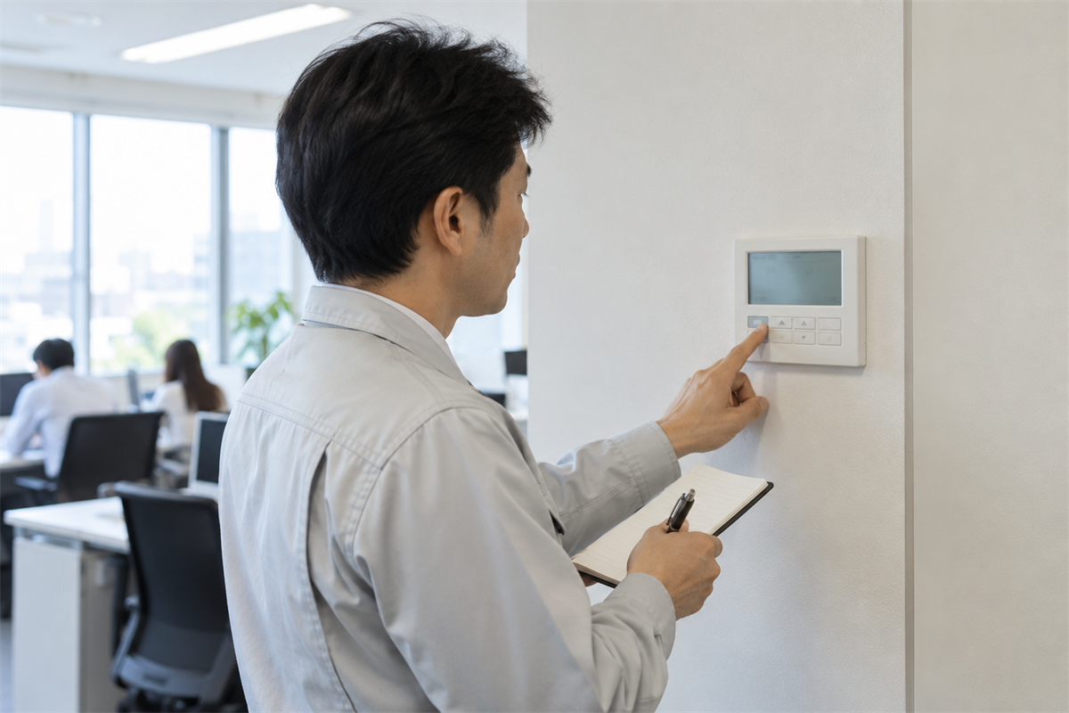 業務用エアコンのリモコン設定をメモする施設担当者