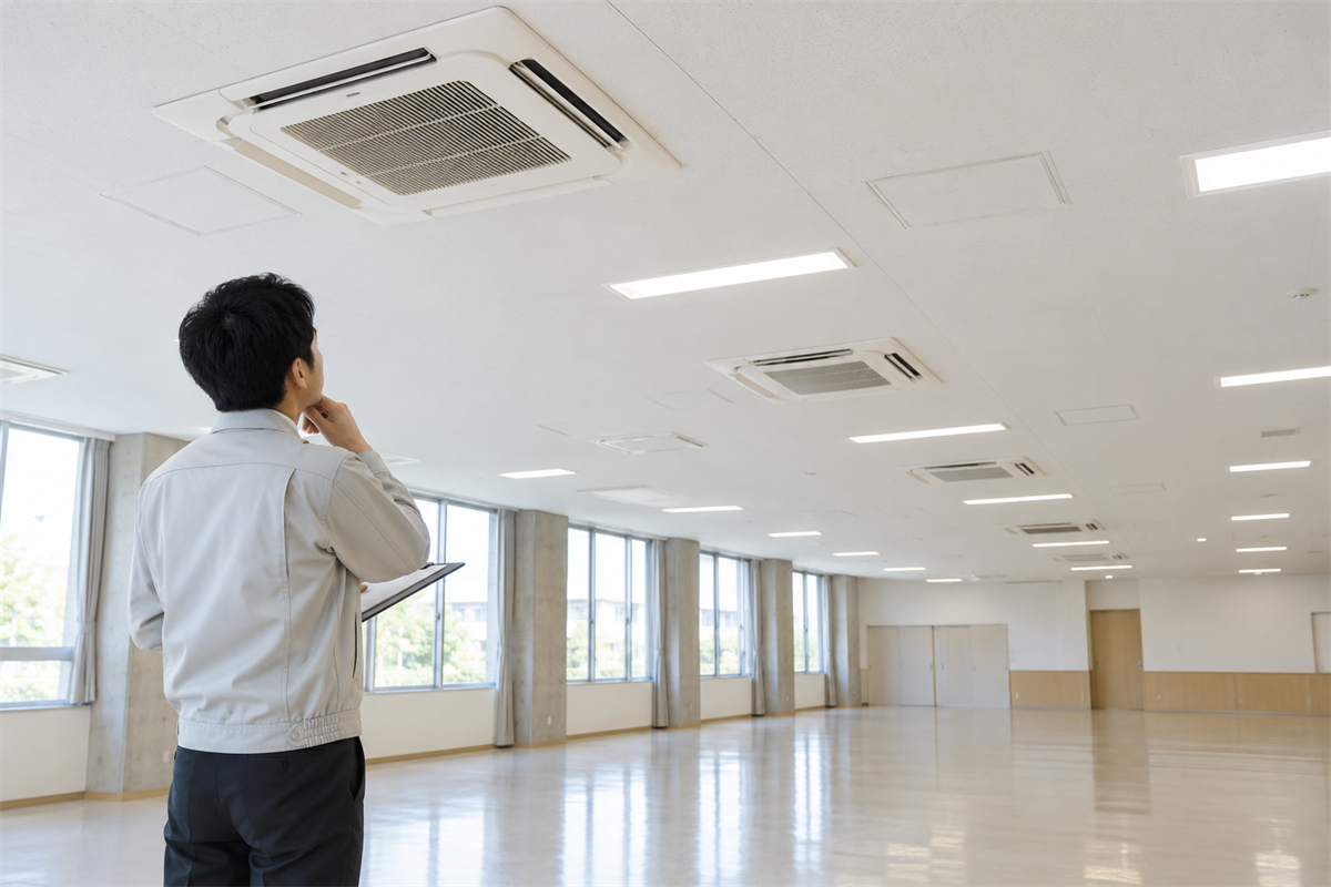 複数の業務用エアコンを見比べて発生範囲を確認する担当者