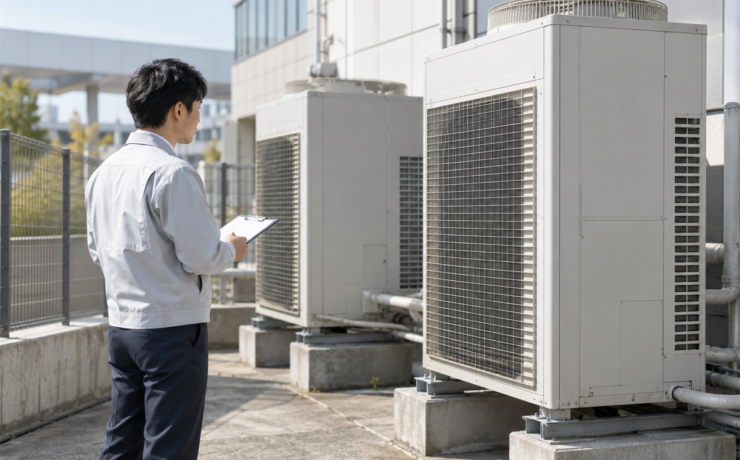 施設の室外機を離れた位置から確認する担当者